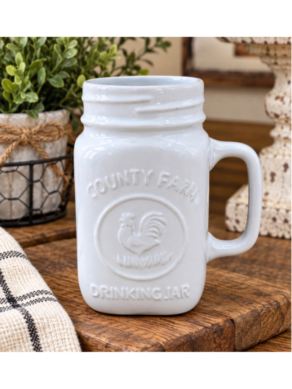 Country Farm Rooster Stoneware Mason Jar Mug White Farmhouse Drinking Jar 6"